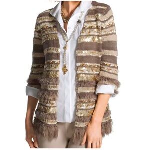 Chicos Women L $129 Embellished Wool Sweater Greta Cardigan Fringe Gold Sequin